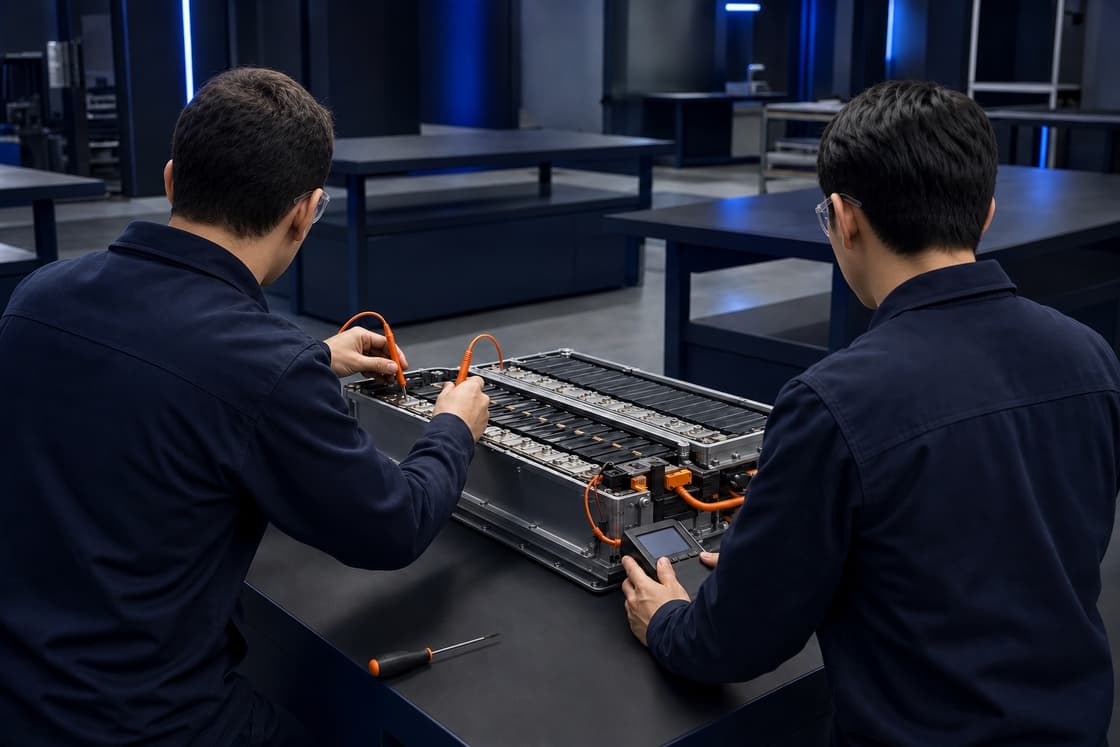 Technicians testing second-life battery modules in a clean industrial facility