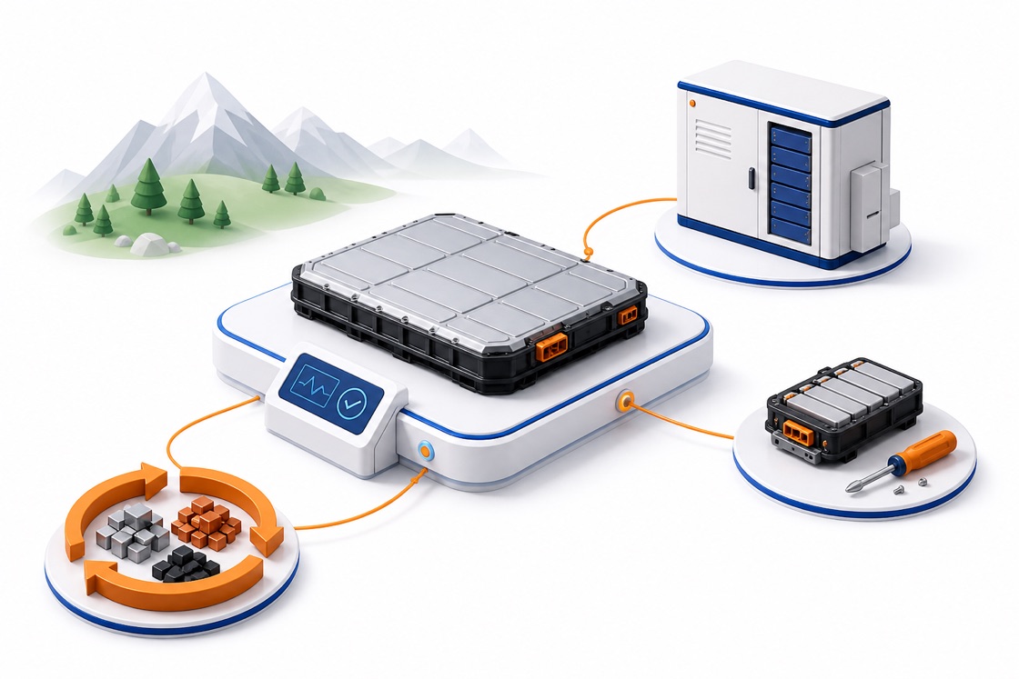 A stylized EV battery pack being assessed, with connected routes to second-life storage, repair and certified recycling.