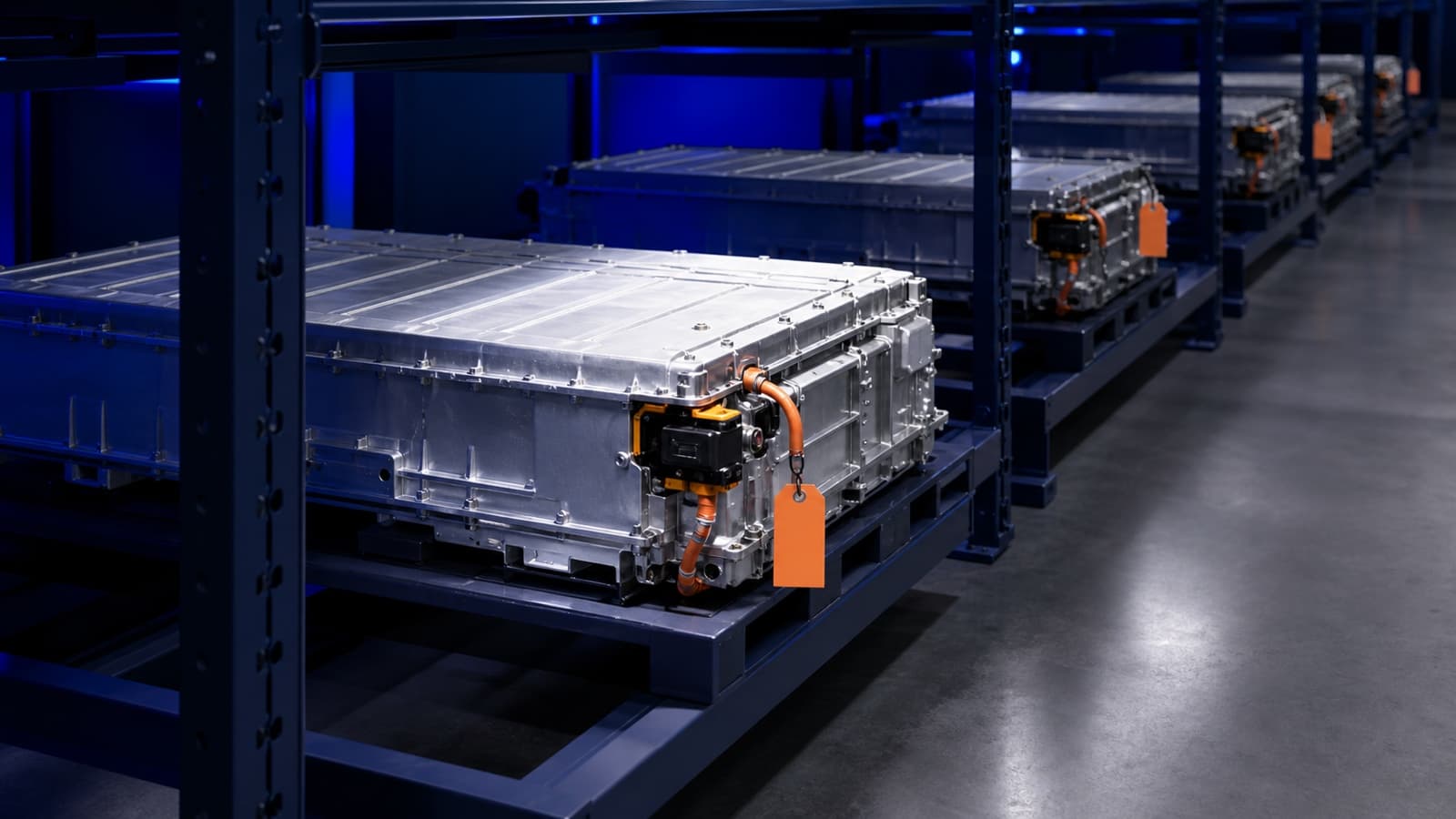 Used EV battery packs on warehouse racks, each fitted with an orange compliance tag for traceability