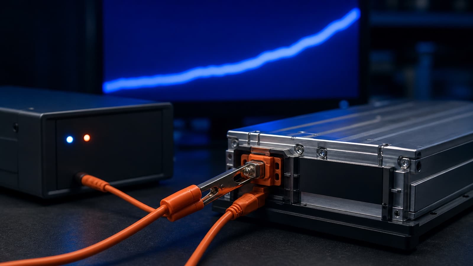 EV battery module connected to diagnostic equipment with orange test leads during a State-of-Health test