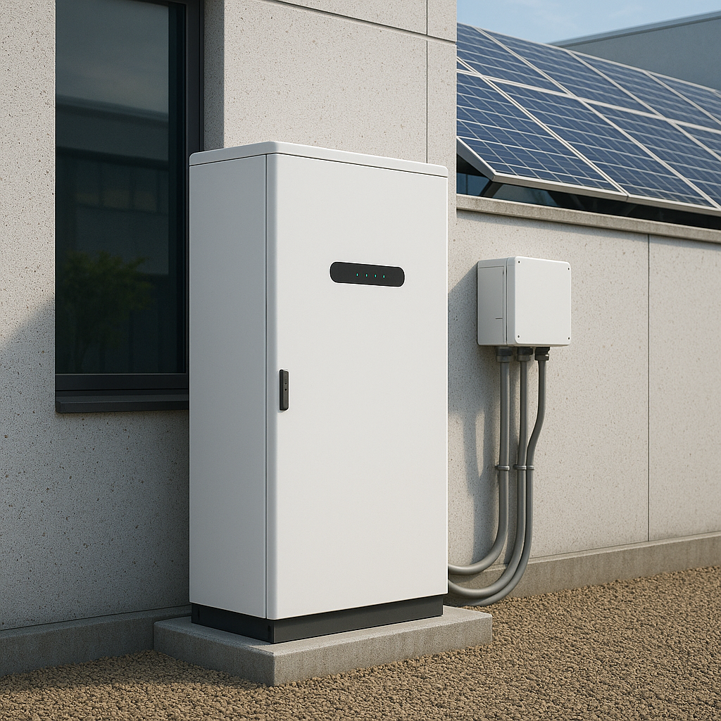 A commercial building with a large battery storage unit