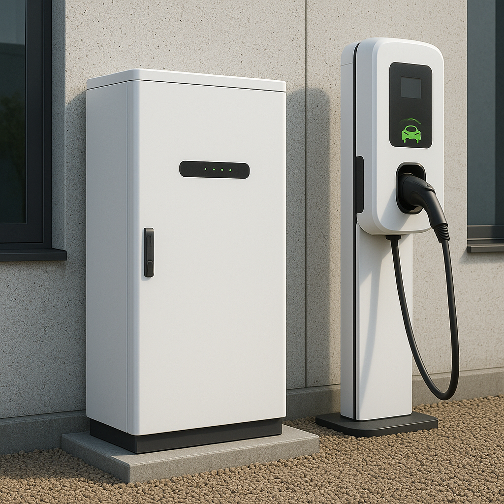 An electric vehicle charging at a station powered by stored energy