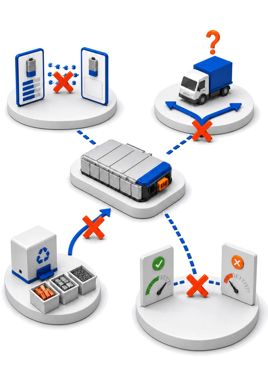 A used battery pack in the middle of disconnected routes: missing data, repeated tests, unclear transport and a default path to recycling.