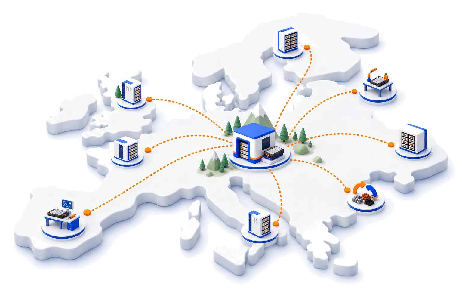 A map of Europe with a central BatteryCentr hub linked to testing sites, second-life storage, repair and recycling partners.