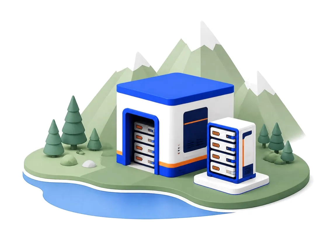 A dedicated battery test site beside a lake with Alpine mountains behind it.