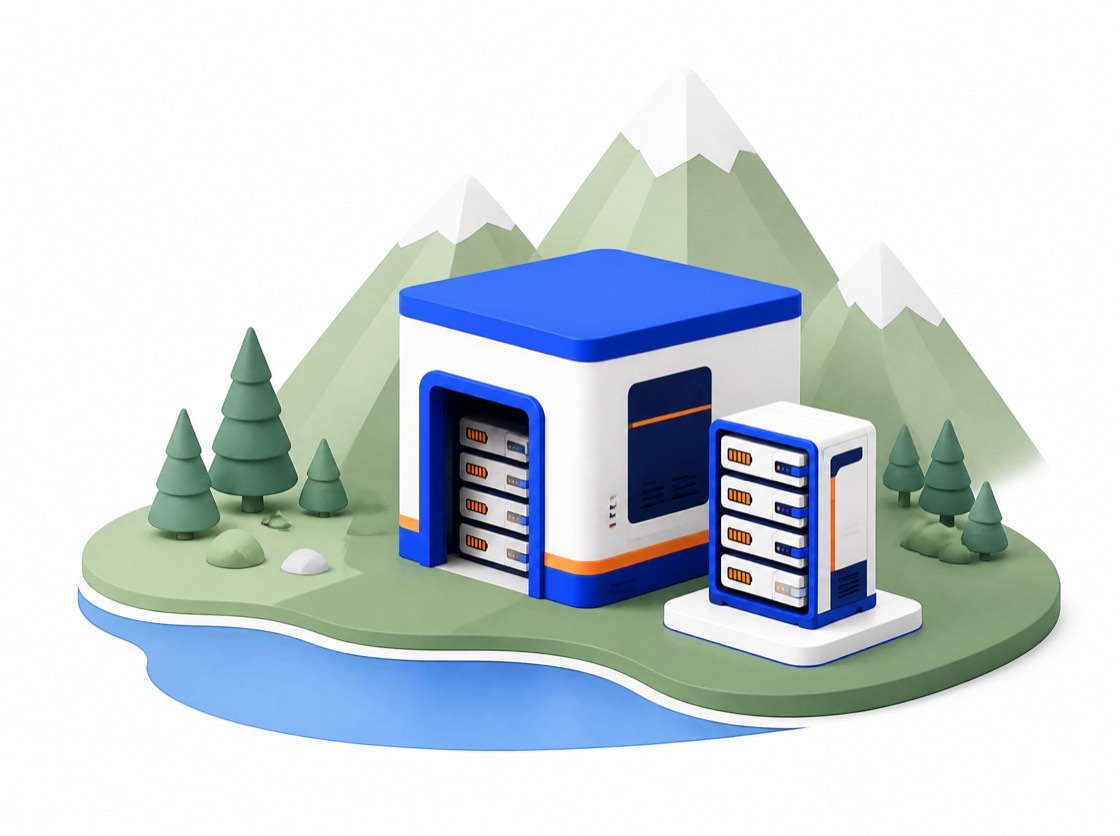 A battery handling facility on a green Alpine island, with Swiss peaks behind it and a lake in front.
