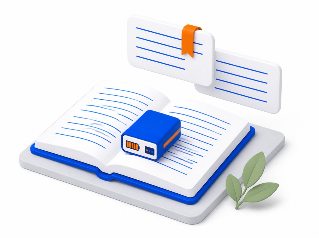 An open book with a battery module resting on the page and two article cards floating above it.