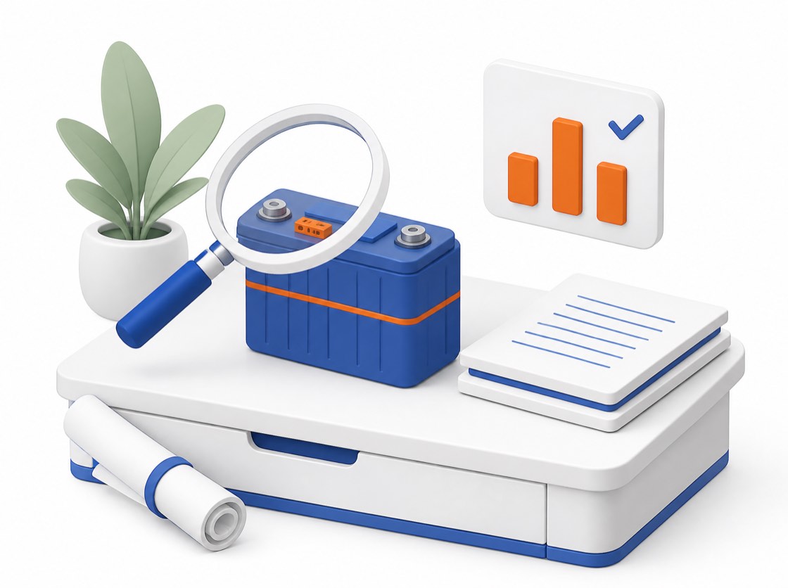 A used battery module under a magnifying glass beside an assessment report and a grading chart.