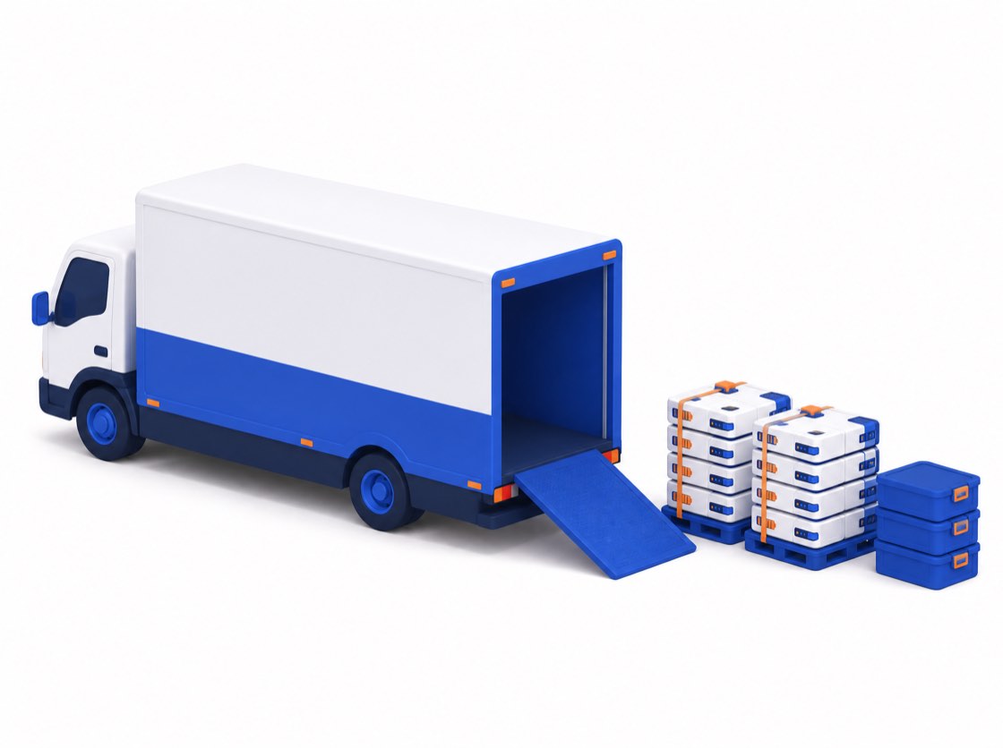 A BatteryCentr collection truck loading pallets of used battery packs and transport crates.