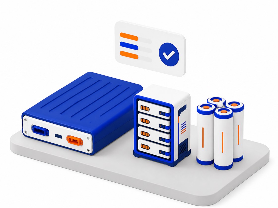 A second-life battery pack, module and cluster of cylindrical cells displayed together with a State-of-Health report card.