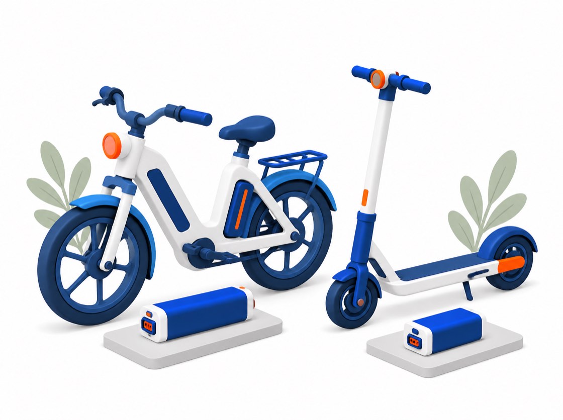 An e-bike and an electric kick-scooter with their removable battery packs detached and set on platforms in front of them.