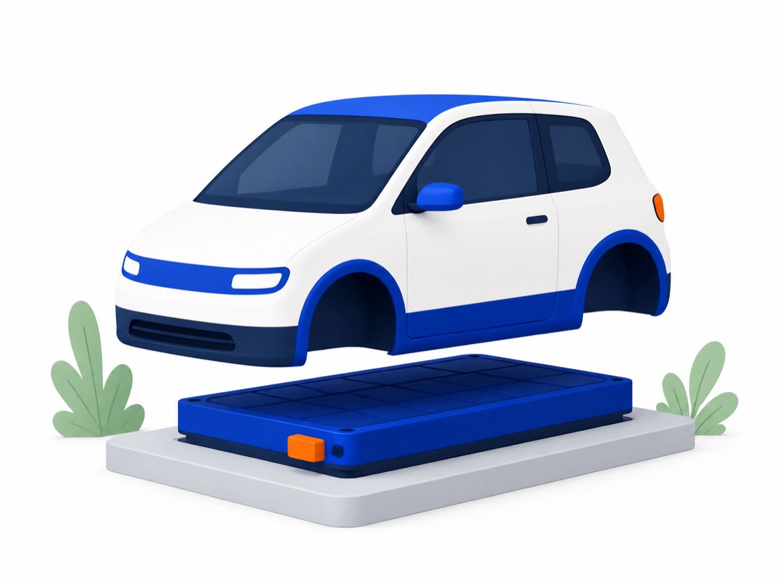 An electric car raised above its large flat floor battery pack, which has been lifted out and set on a platform.