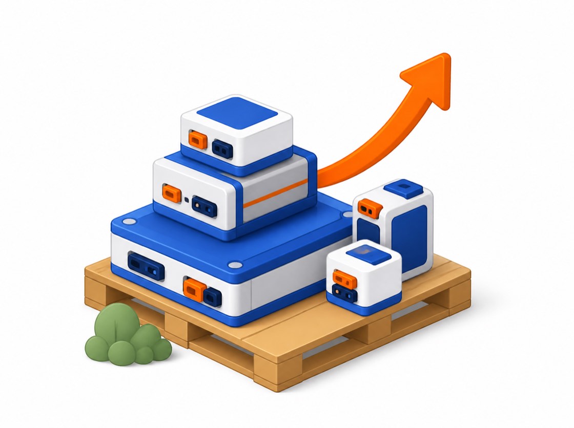 A pallet stacked with assorted used lithium-ion batteries, with an orange arrow curving upward to signal recovered value.
