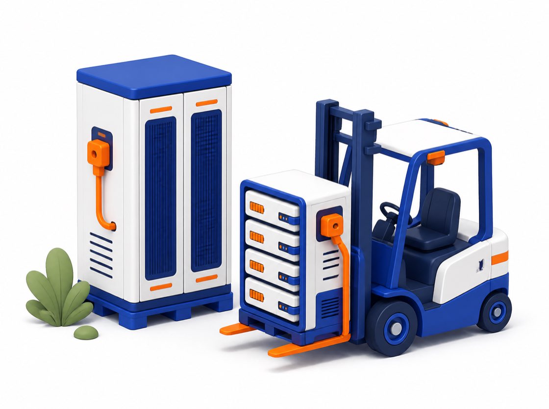 A warehouse forklift carrying an industrial battery unit beside a large industrial battery cabinet on a pallet.