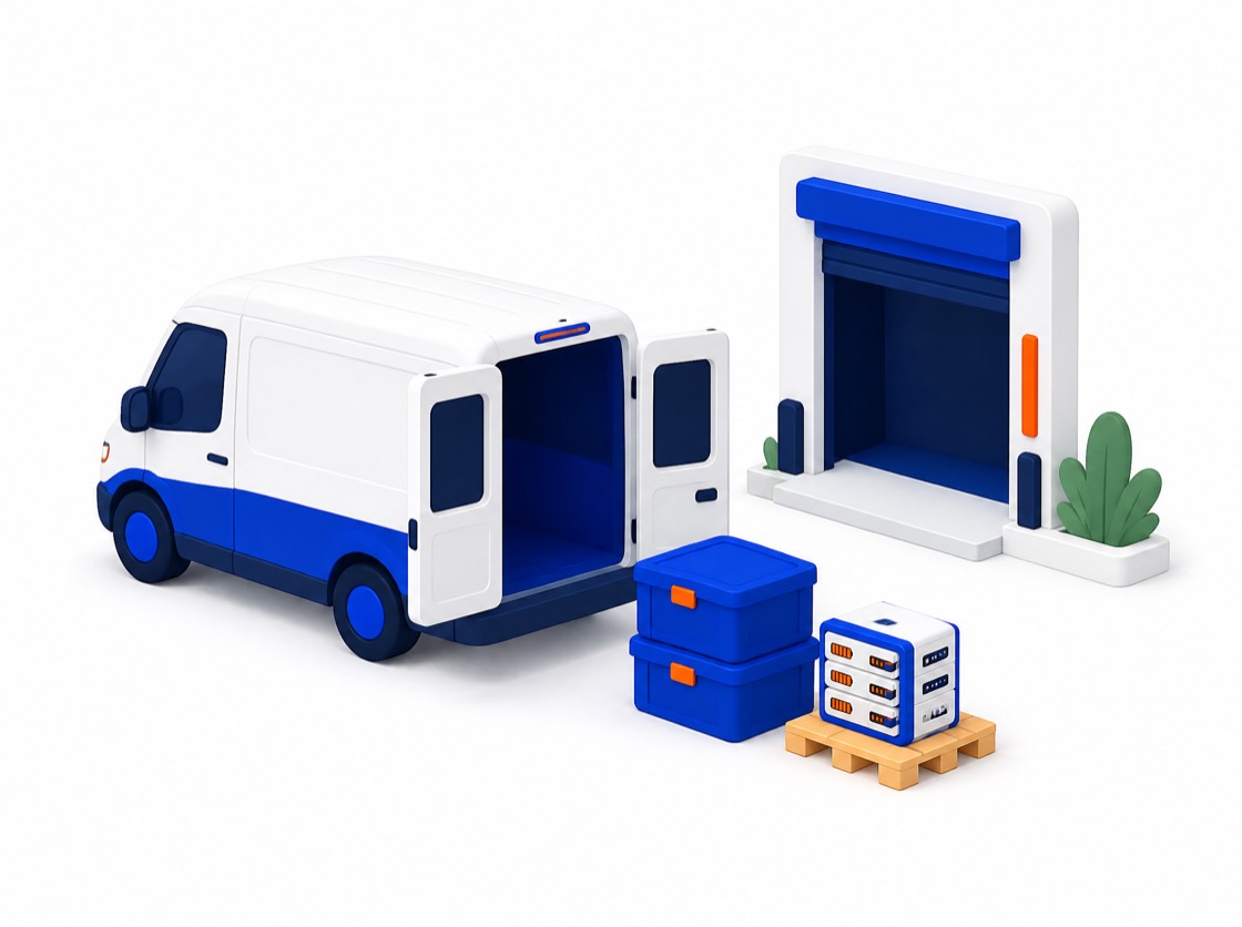 A collection van at a loading bay with transport crates and a pallet of used battery packs ready to load.