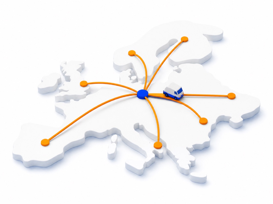 A map of Europe with transport routes radiating from a central Swiss hub.