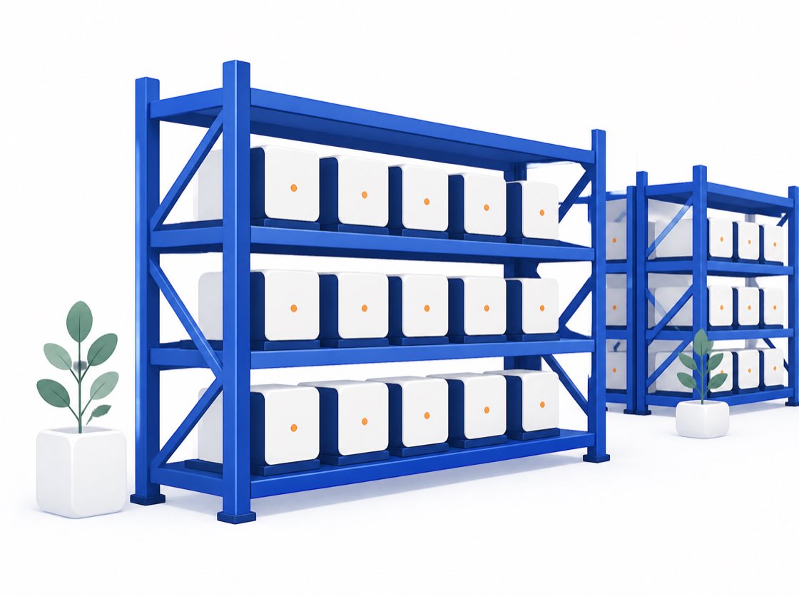 Rows of used battery packs shelved on blue racking in a controlled storage hall.