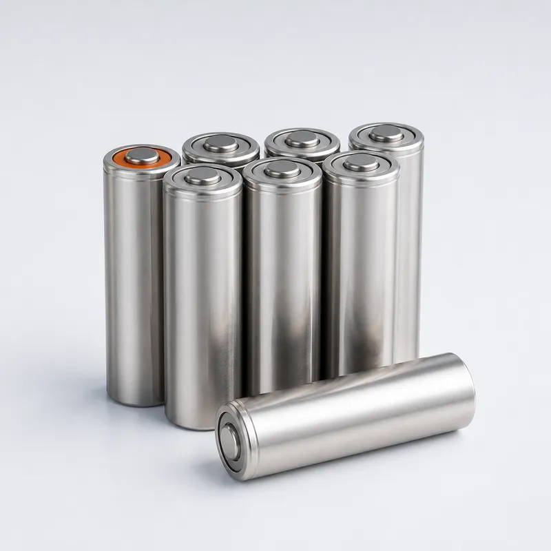 Tested cylindrical lithium-ion battery cells (21700 format) on a studio surface