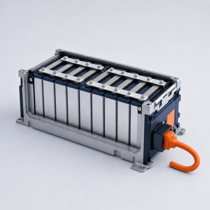 Graded second-life battery module with prismatic cells, busbars and orange connector cable