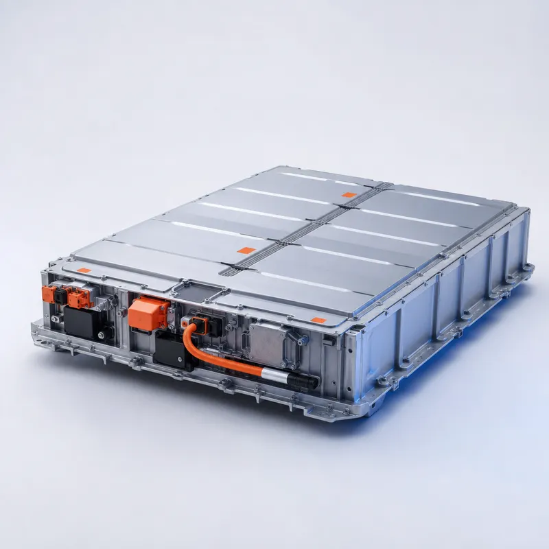 Second-life EV battery pack with orange high-voltage connectors, studio product photo