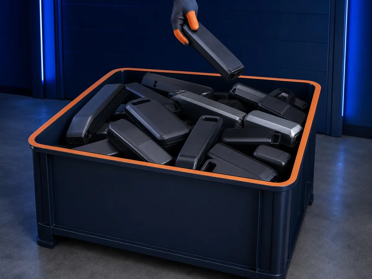 Collection crate filled with used e-bike and e-scooter batteries, one pack being added by a gloved hand