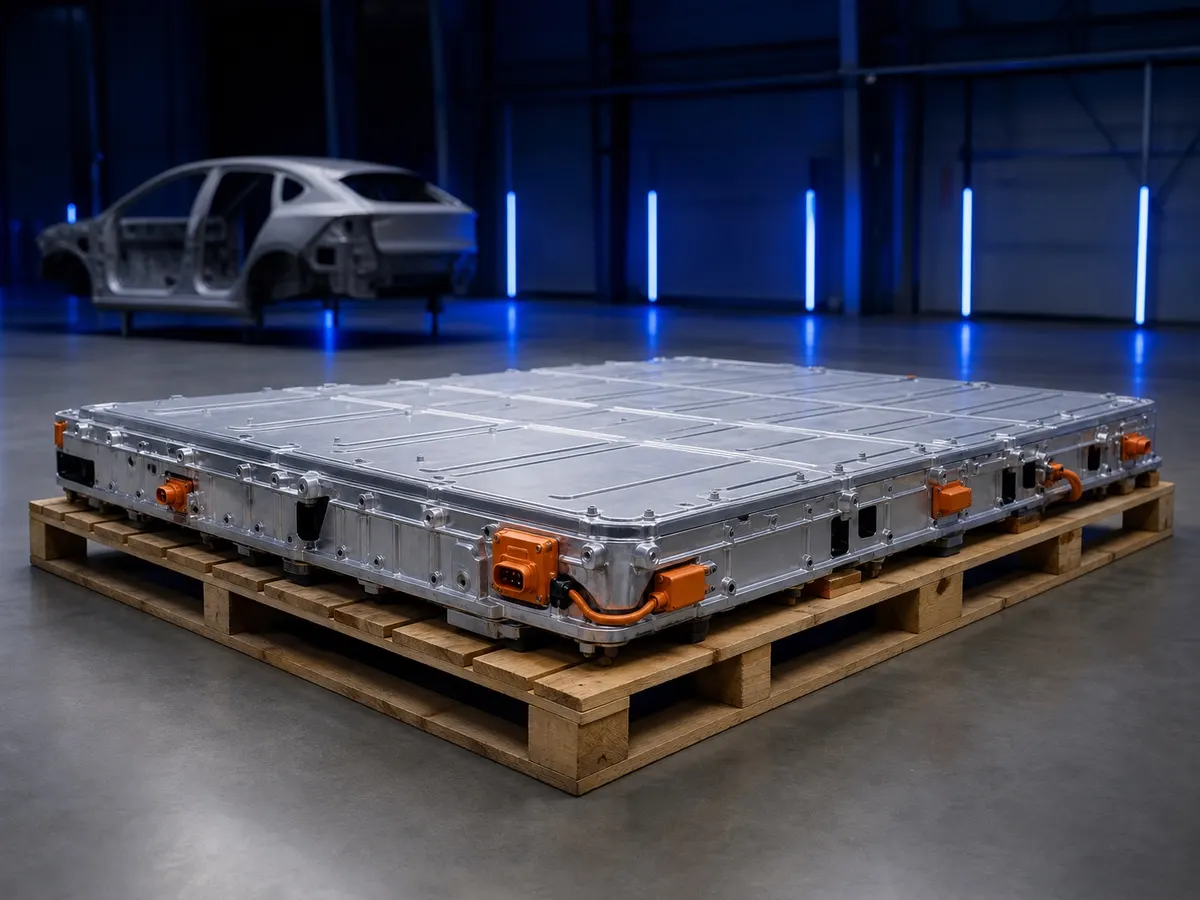 Used EV battery pack on a wooden pallet in an industrial hall, with a dismantled car body in the background