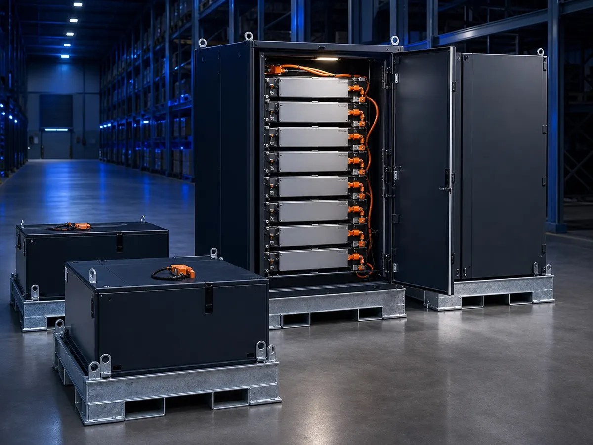 Industrial lithium-ion battery packs and an open energy-storage cabinet on pallets in a warehouse